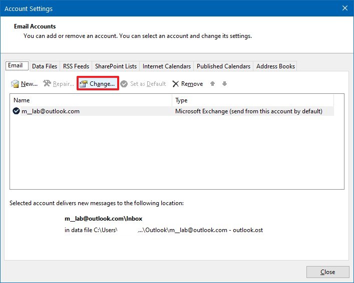 Outlook change account settings