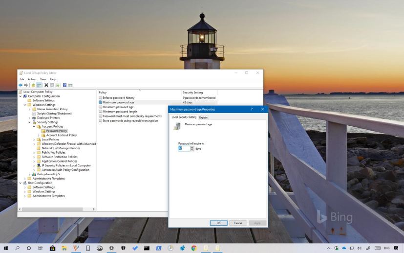 Password expiration policy on WIndows 10 version 1903, May 2019 Update
