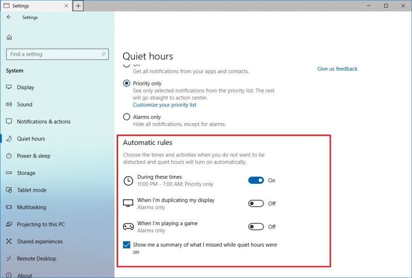 Quiet hours automatic rules settings