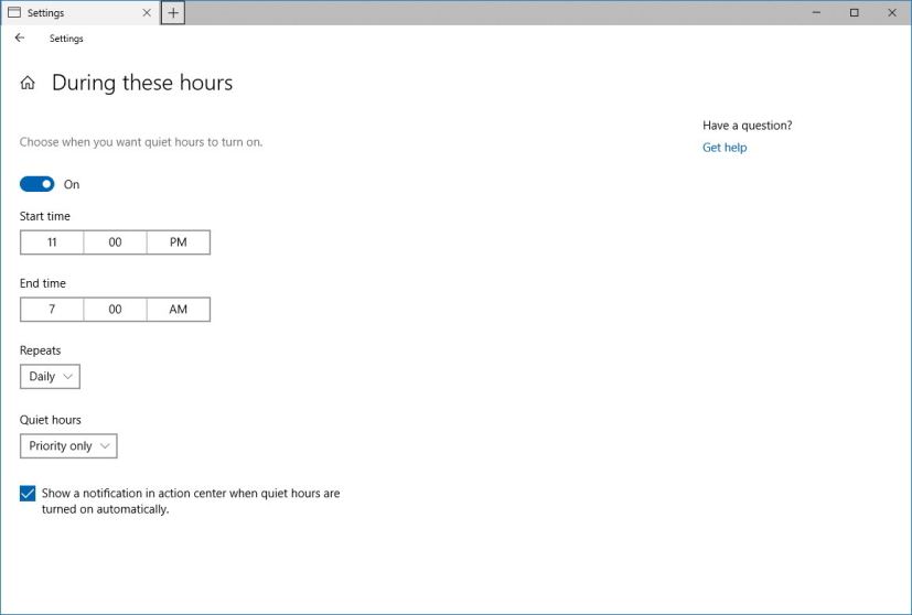 Quiet hours schedule settings