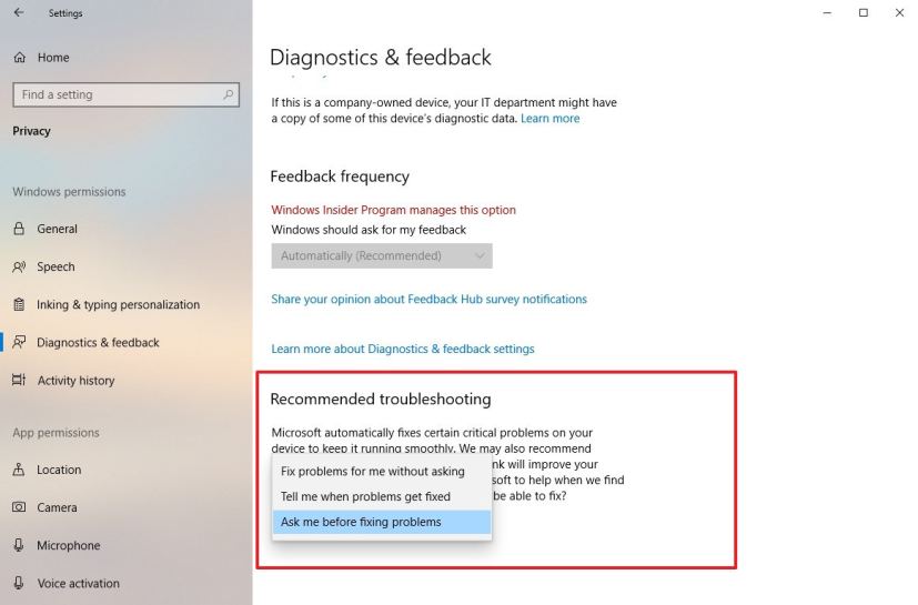 Recommended Troubleshooting settings on version 1903