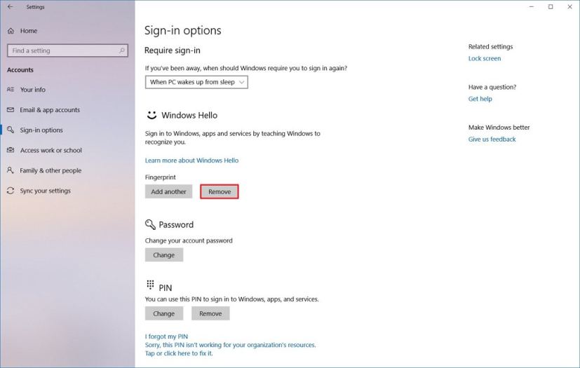 Remove fingerprint from Windows Hello