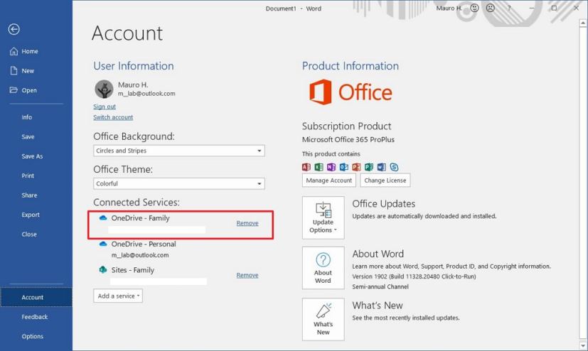 Office (Word) remove OneDrive account