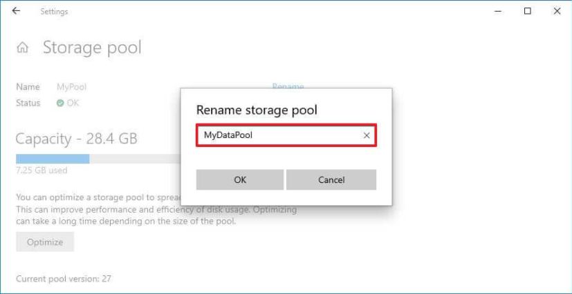 Settings Storage Spaces rename pool