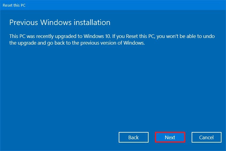 Reset this PC, previous installation warning