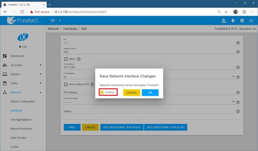 Save static IP settings on FreeNAS