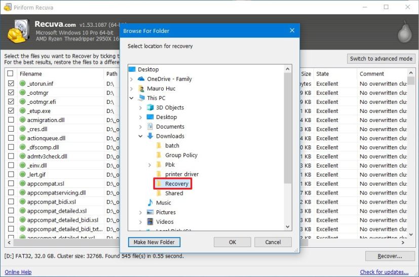 Select file recovery location using Recuva