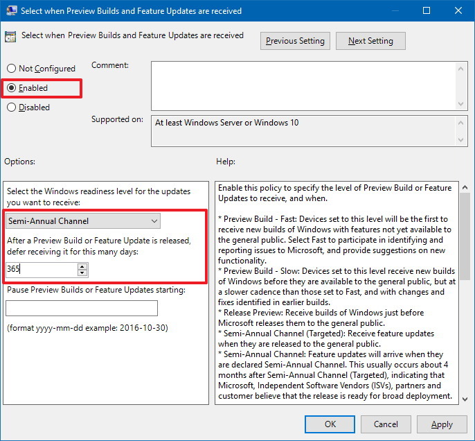 Select when Preview Builds and Feature Updates are received policy
