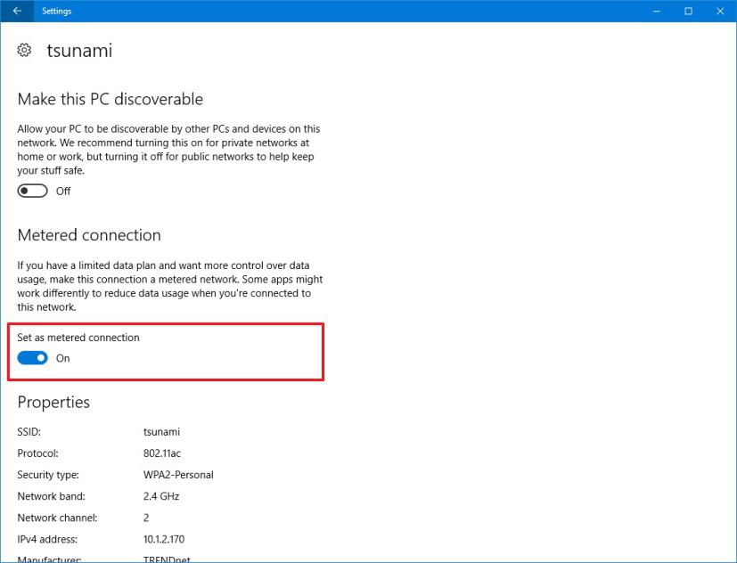 Wi-Fi settings, Set as metered connection