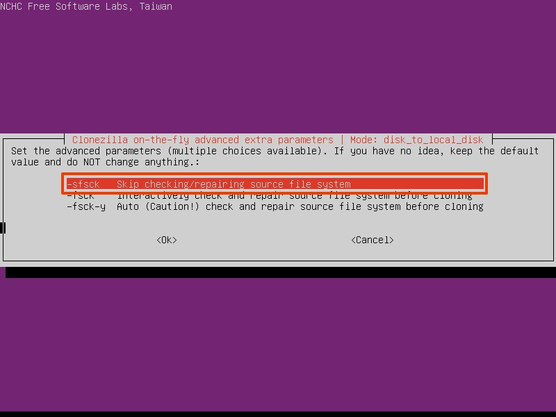 Clonezilla, skip check and repair of the source disk option