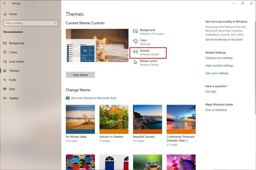 Themes settings, Sounds option, on Windows 10