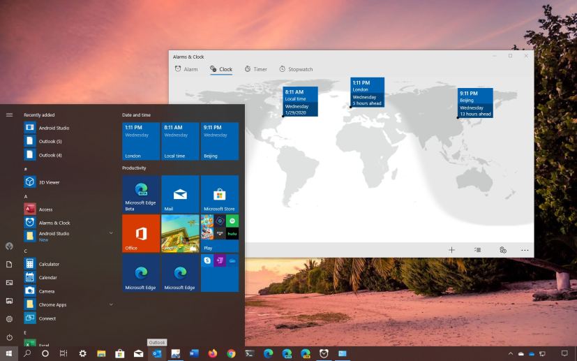 Windows 10 Start menu with clocks