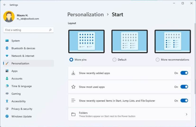 Start settings layout