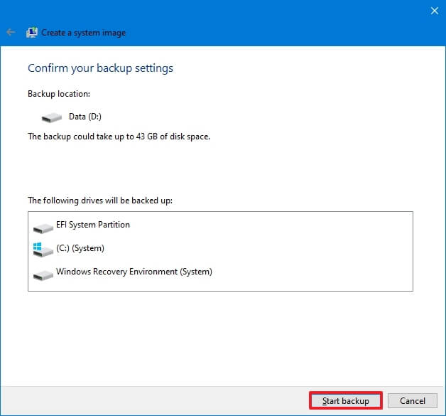 Start Windows 10 backup