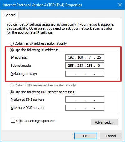 Connect two computers static IP address