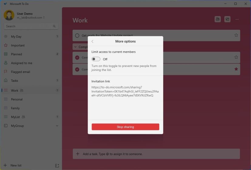 Stop sharing list on Microsoft To Do