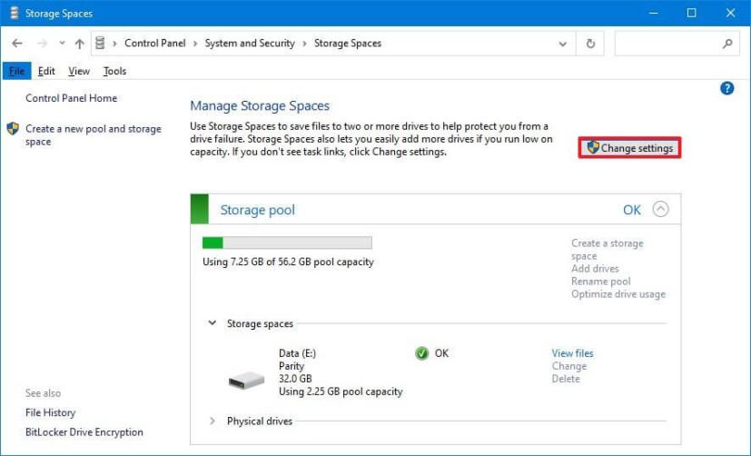 Storage Spaces change settings