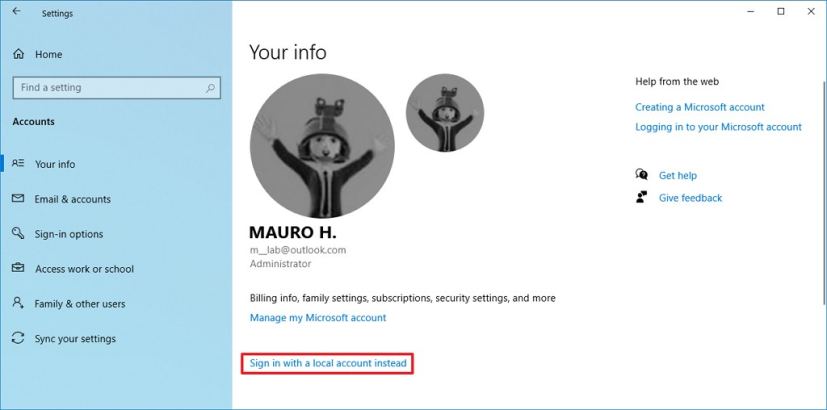 Switch Microsoft account to local account on Windows 10