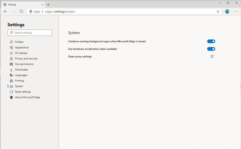 Microsoft Edge, Chromium, System page