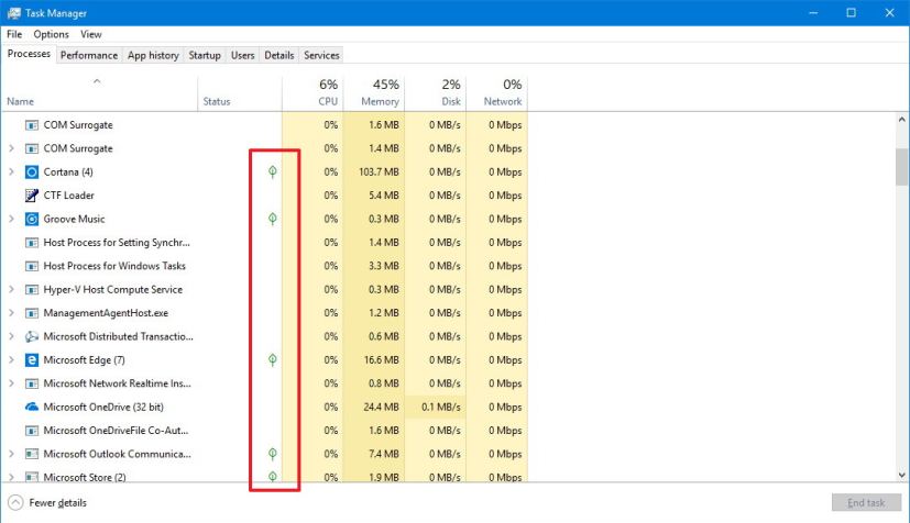 Task Manager suspended process icon