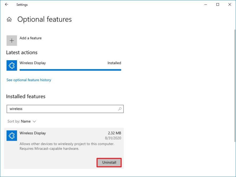 Uninstall Miracast Wireless Display feature