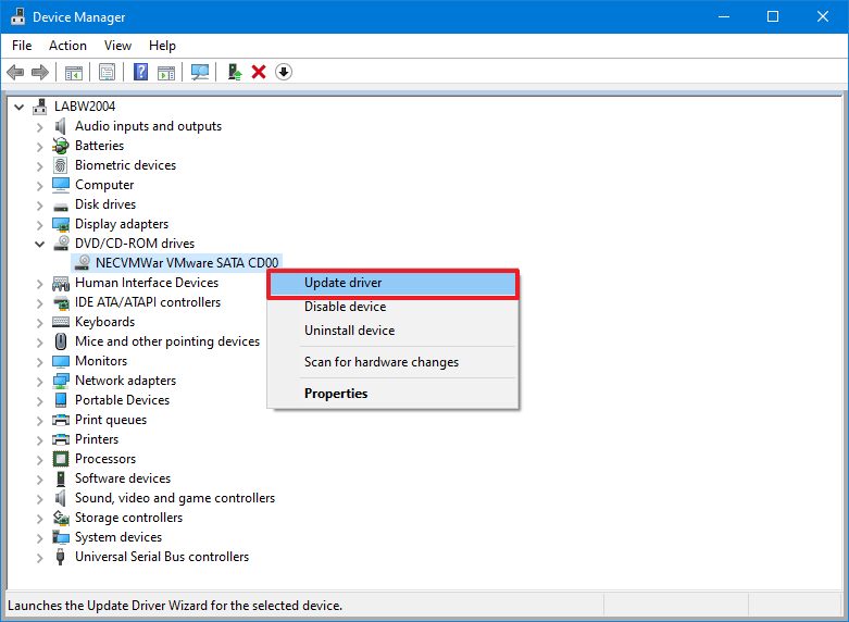 Device Manager update driver option