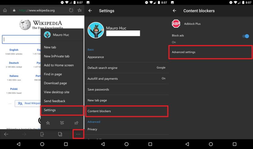 Whitelisting website option on Microsoft Edge for Android and iOS