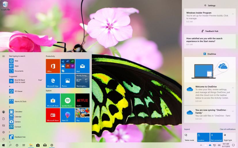 Windows 10 build 18917 (20H1) Start and Action center
