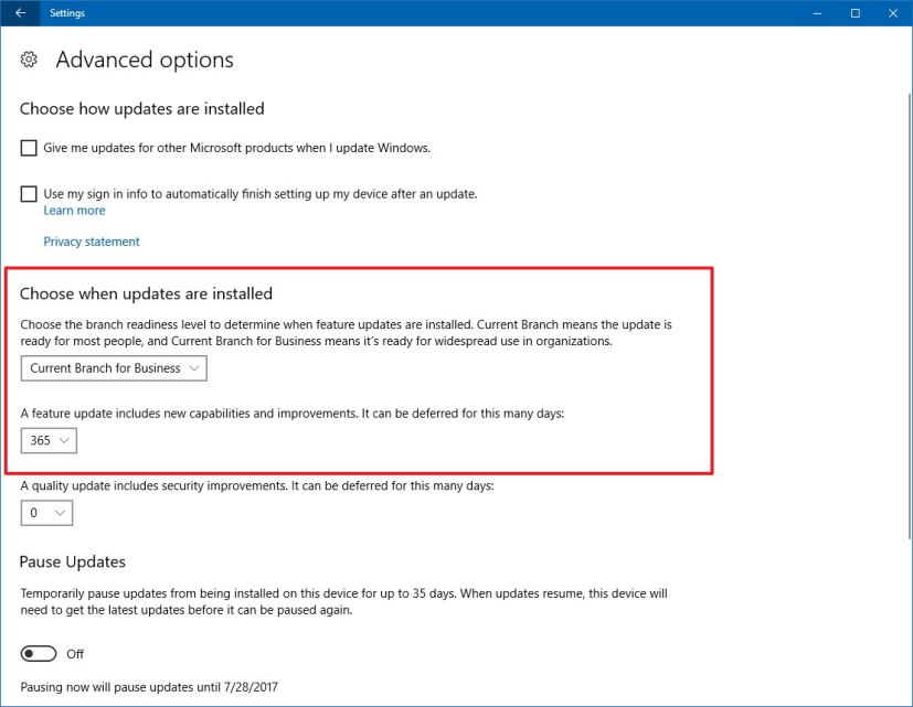 Windows 10 defer feature update settings