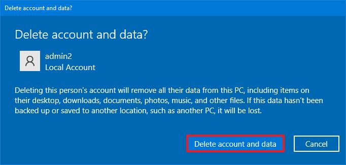 Delete account and data on Windows 10