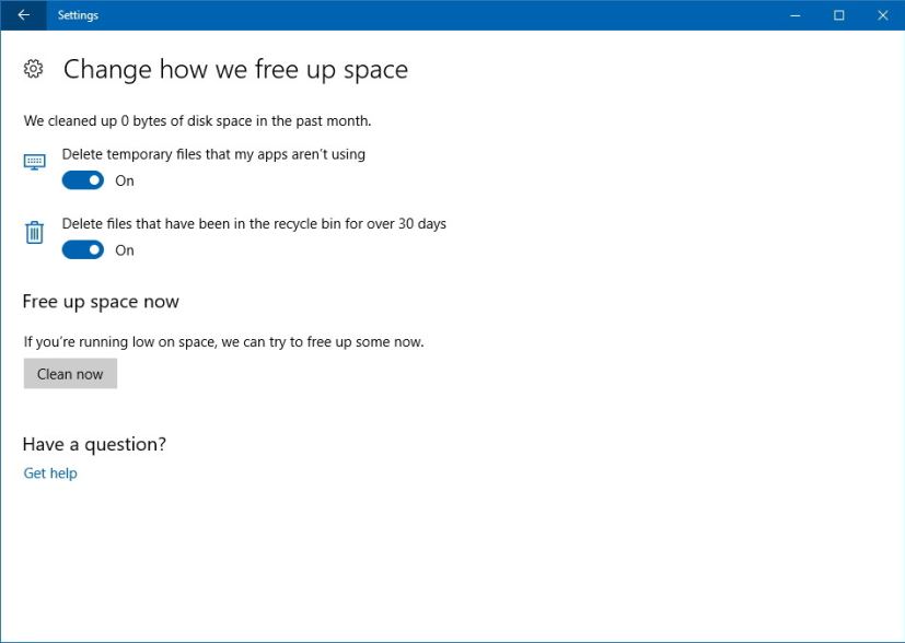 Free up space on Windows 10 settings