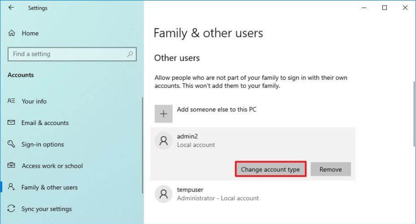 Change account type on Windows 10 settings