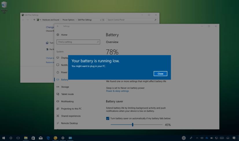 Windows 10 low battery notification