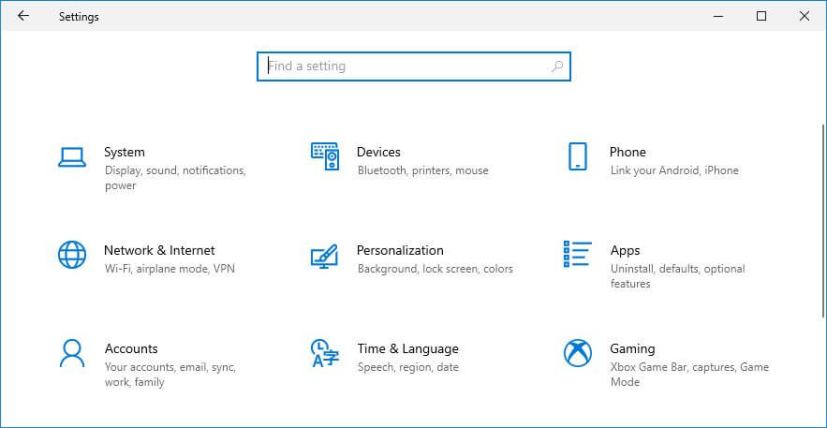 Windows 10 settings app home