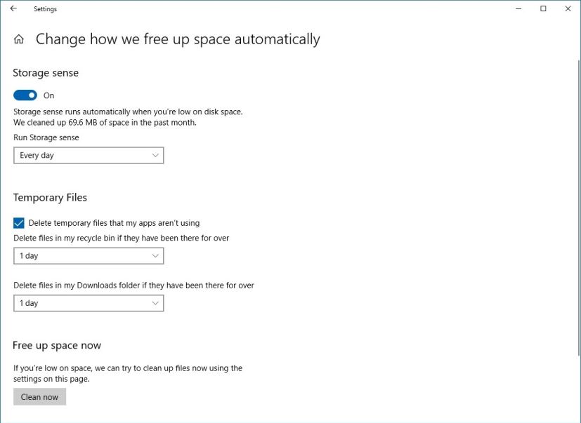 Windows 10 Storage Sense in version 1803