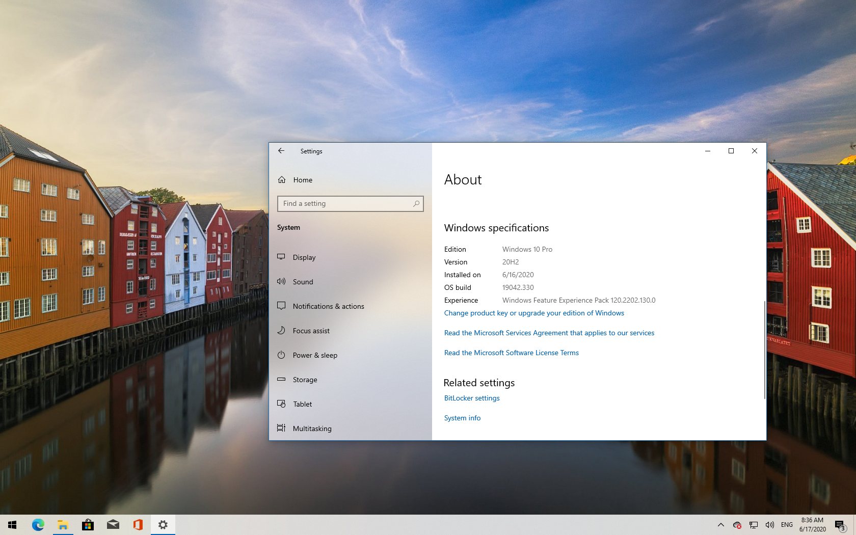 Windows 10 About page version 20H2