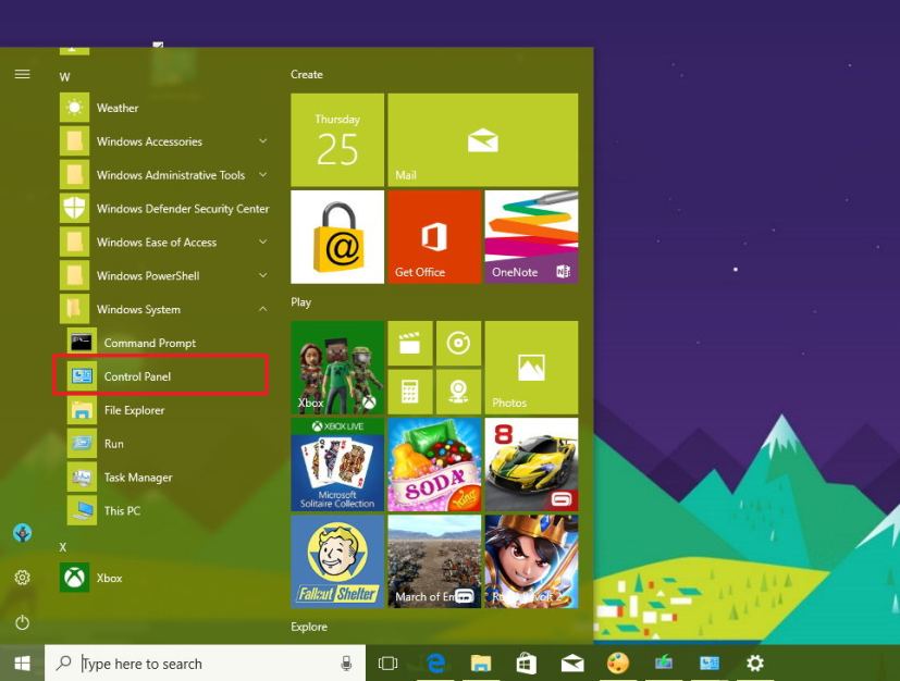 Windows System on Start menu