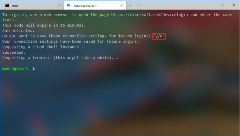 Windows Terminal Azure connection completed