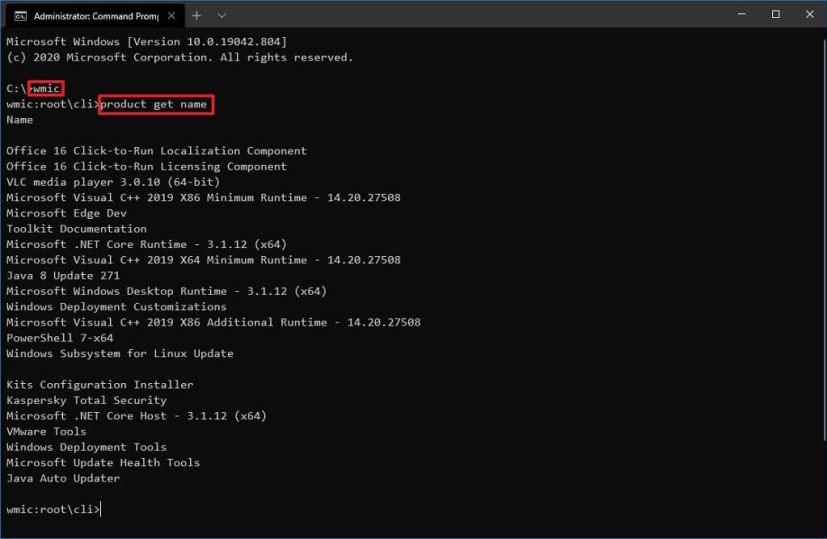 WMIC Product Get Name command
