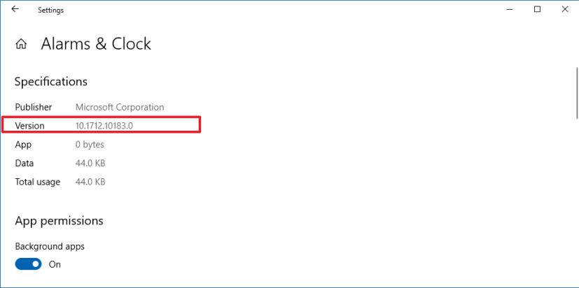 App version number information on Windows 10